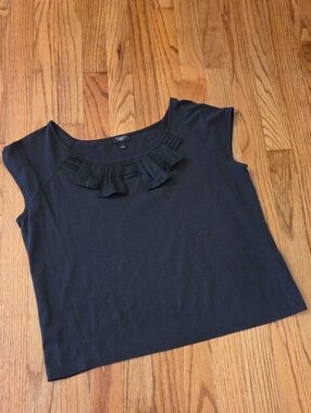 Talbots Black Short Sleeve Ruffle Neck Tee Size: LP